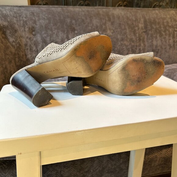 Tahari Taupe Grey Suede Slingback Mule Heels - Picture 7 of 12